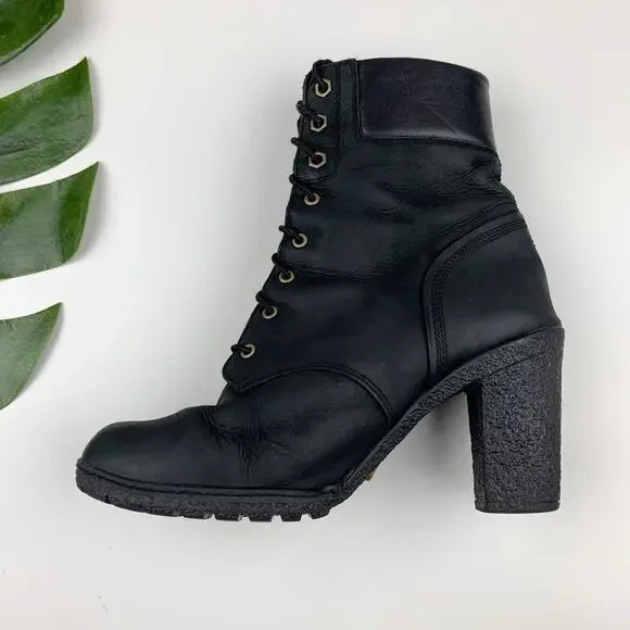 Timberland Glancy Ankle Boots Heeled Black Leather Lace Up Women's 8 - Picture 6 of 12